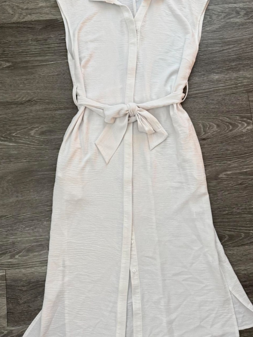 Sleeveless Tie-Waist Shirt Dress in Light Cream